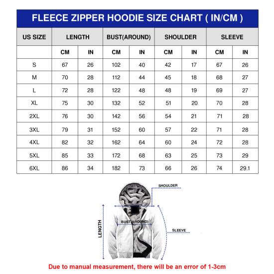 Fleece Zip Hoodie Size Chart